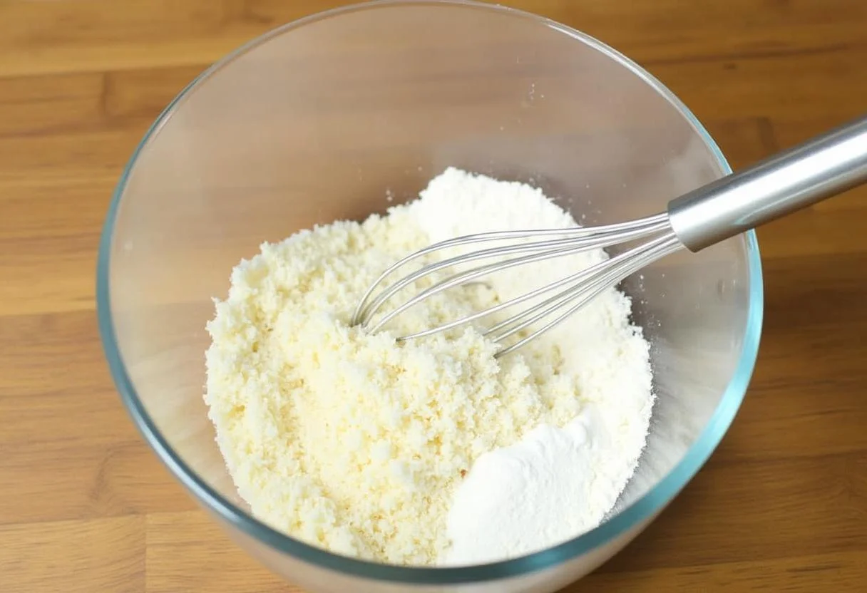 Ingredientes para bizcocho de coco esponjoso, incluyendo coco rallado, harina, azúcar y polvo de hornear.