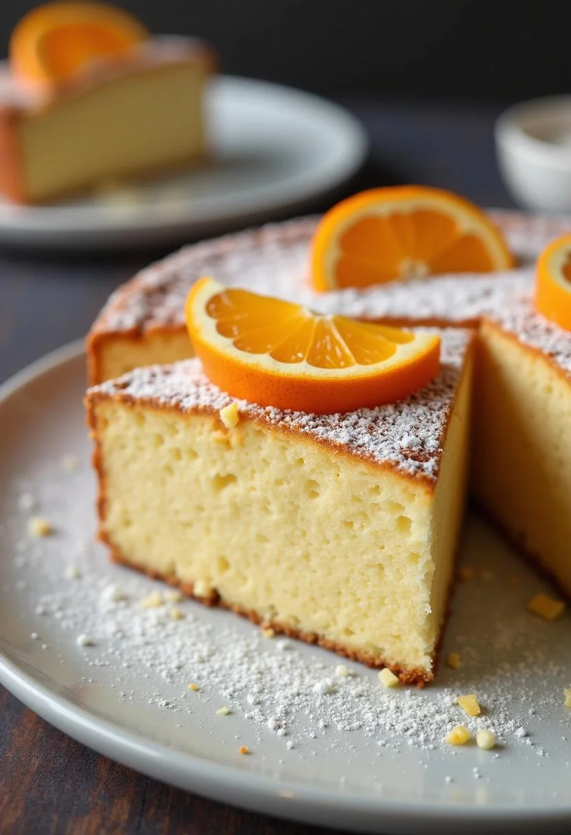 Bizcocho de naranja y almendra terminado, decorado y listo para servir.