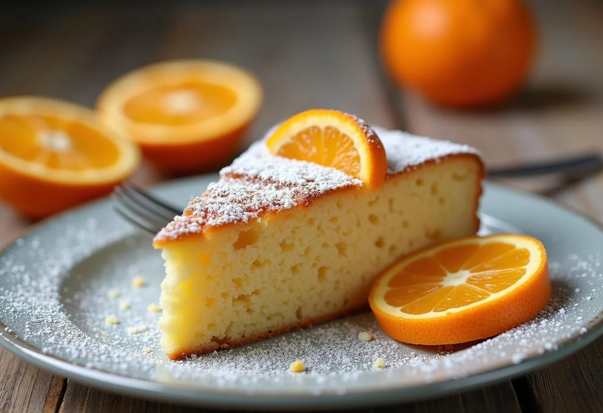 Bizcocho de naranja y almendra terminado, decorado y listo para servir.