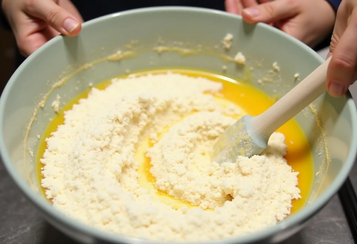 Combinando mezcla de harinas con la mezcla de huevos y azúcar para bizcocho de naranja y almendra.