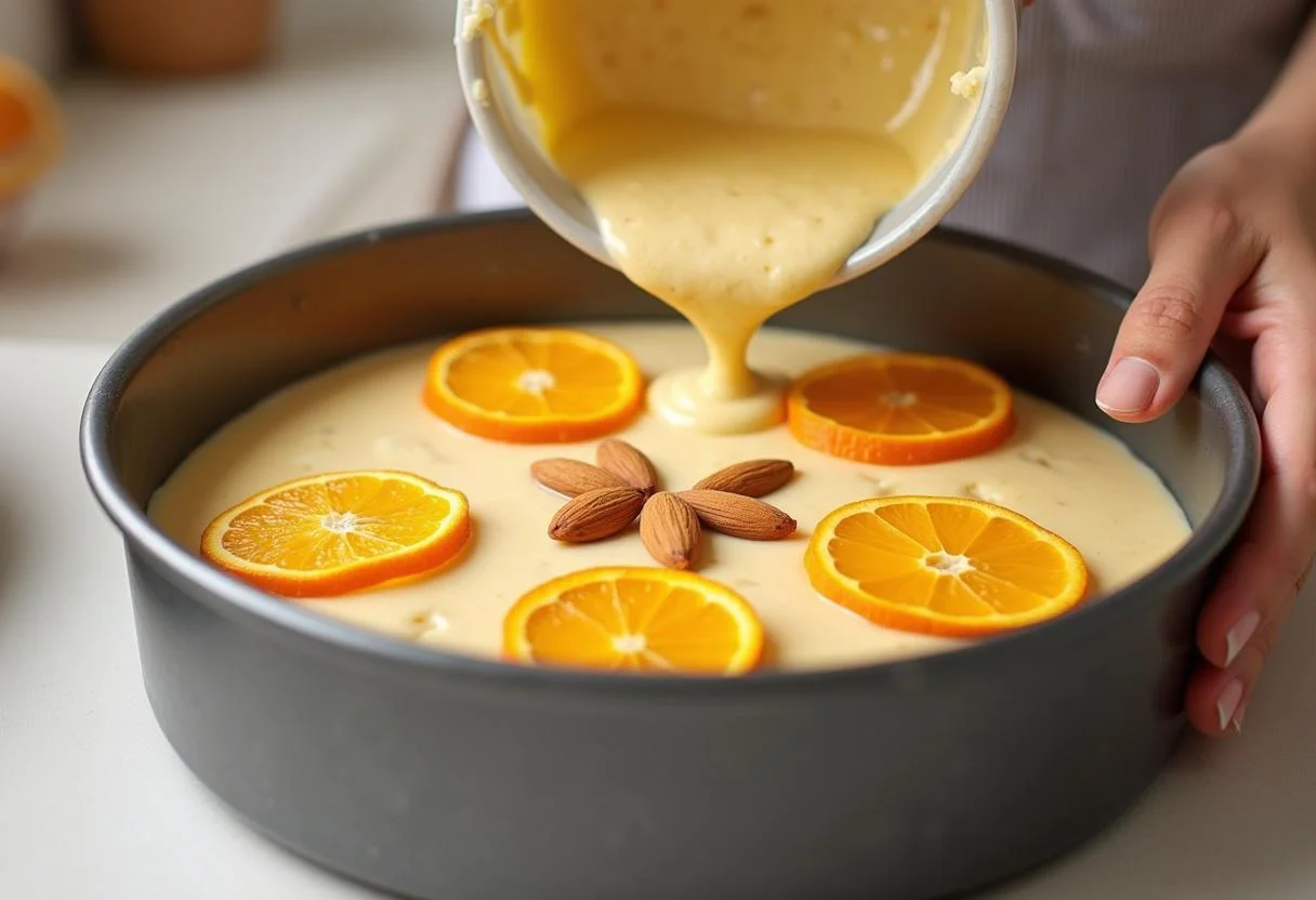 Vierta la mezcla del bizcocho de naranja y almendra en el molde para hornear.