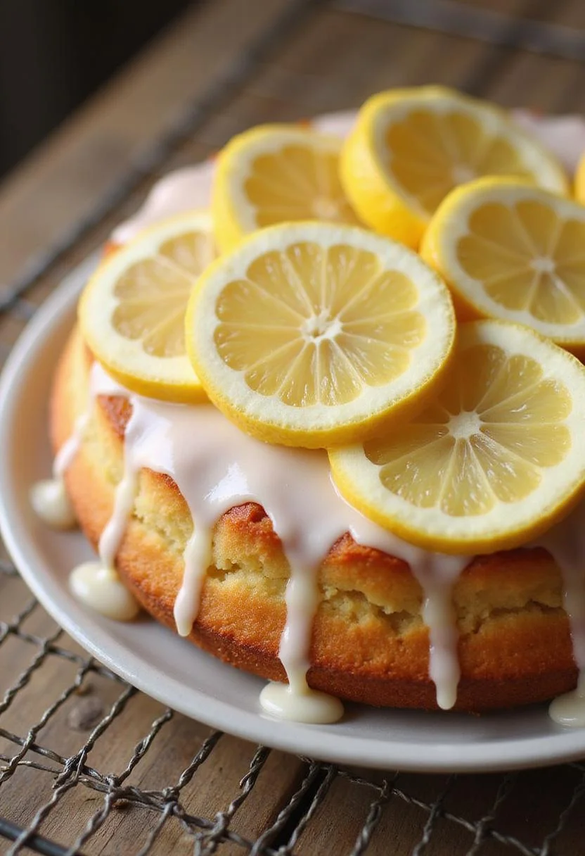 Finished Bizcocho de Yogur y Limón with glaze and lemon slices, a delightful dessert.