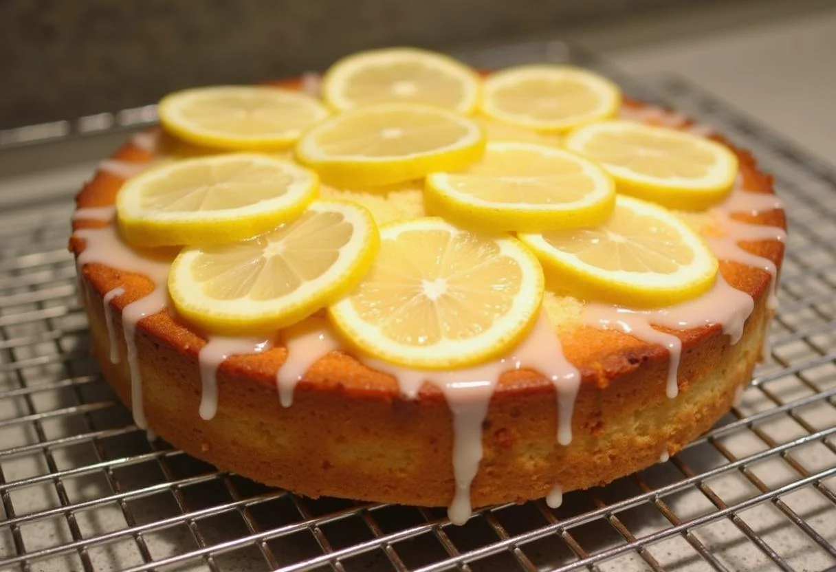 Finished Bizcocho de Yogur y Limón with glaze and lemon slices, a delightful dessert.