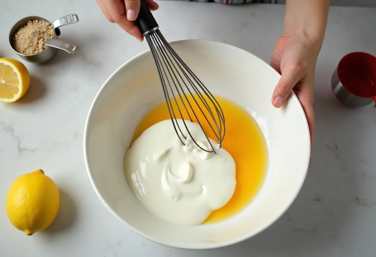 Measuring yogurt, eggs, and sugar for Bizcocho de Yogur y Limón in a mixing bowl.
