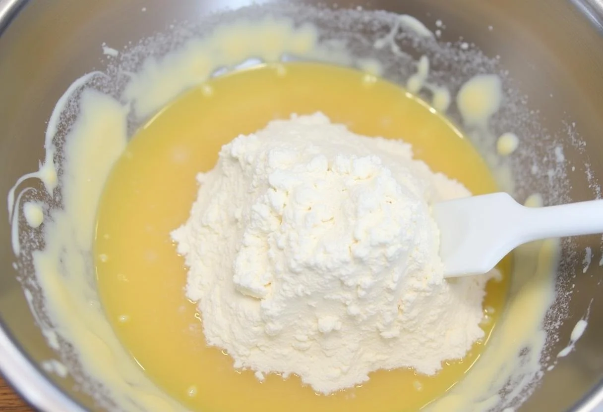 Adding flour and baking powder to the mixture for Yogurt and Lemon Cake preparation.