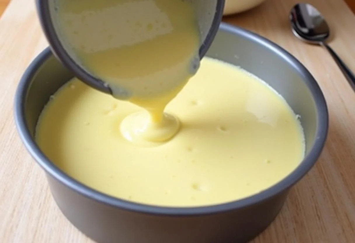 Filling a cake pan with batter for Yogurt and Lemon Cake baking process.