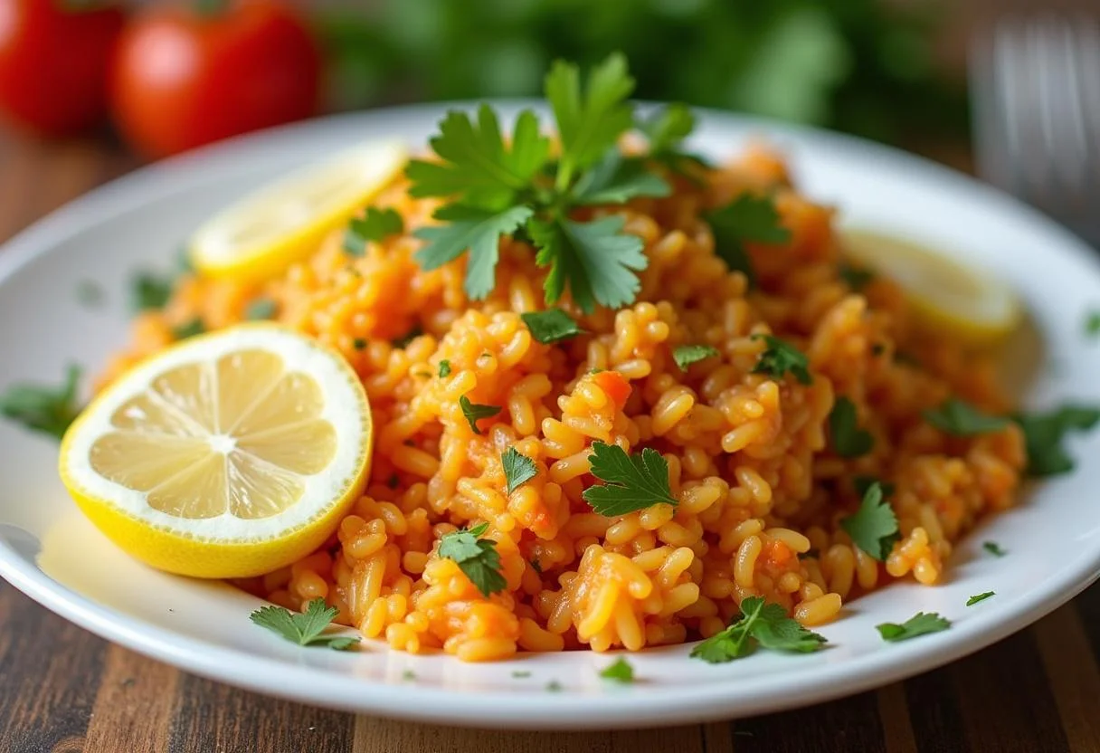 Ensalada de arroz española finalizada, colorida y apetitosa lista para compartir.
