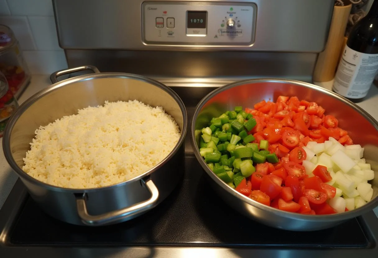Ingredientes frescos y arroz cocido listos para ensalada de arroz española.