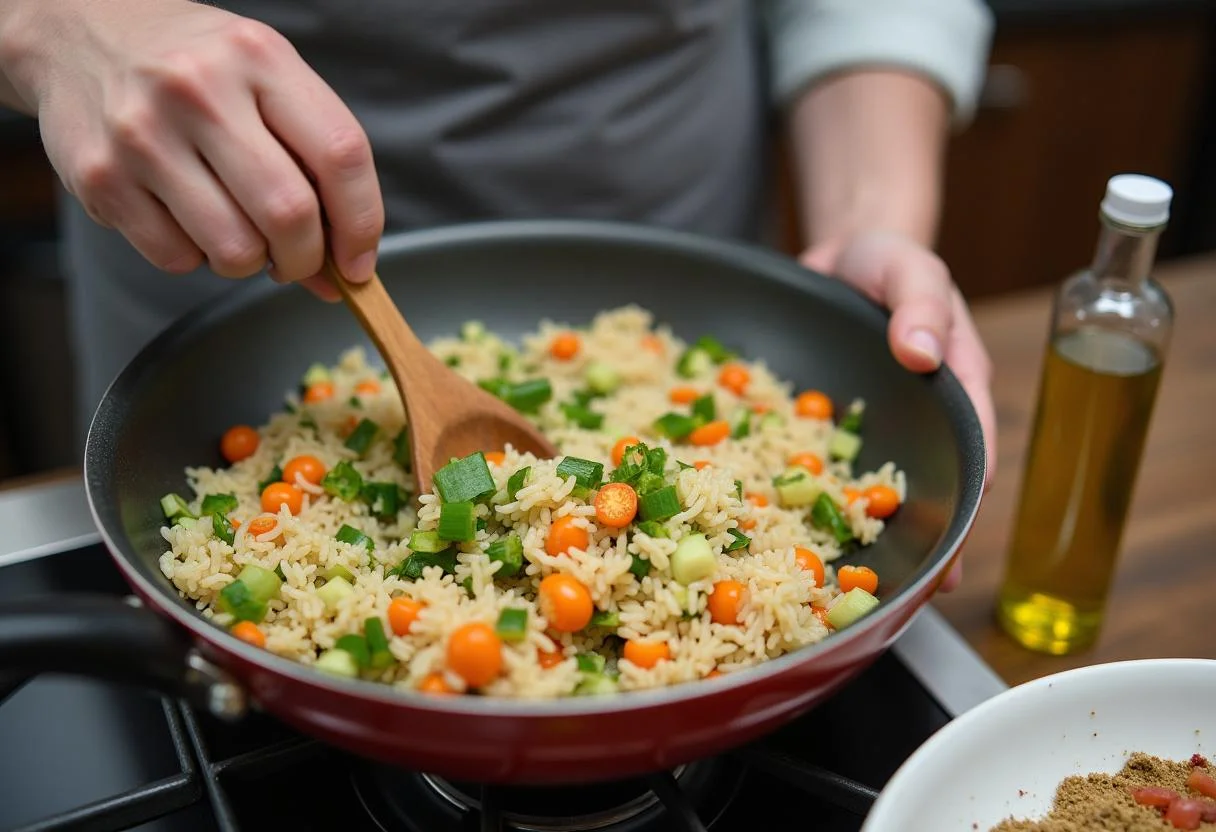 Mezcla de arroz y verduras frescas para ensalada de arroz española.