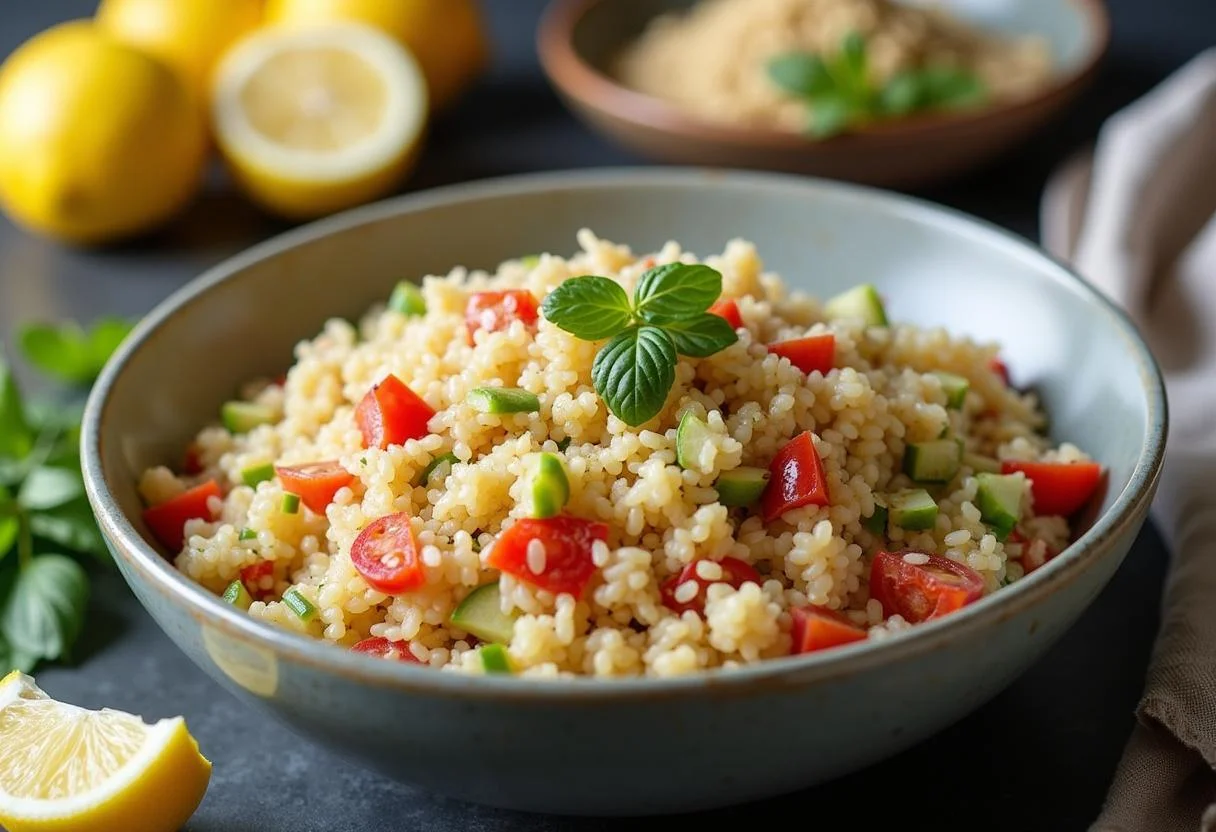 Ensalada de arroz española robusta y colorida lista para servir.