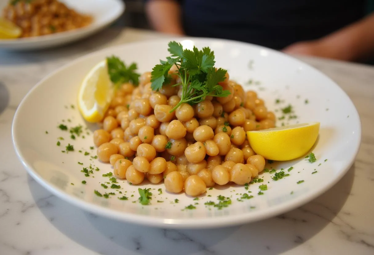 Finished Ensalada de Garbanzos y AtĂșn, a nutritious chickpea and tuna salad served with fresh garnishes.