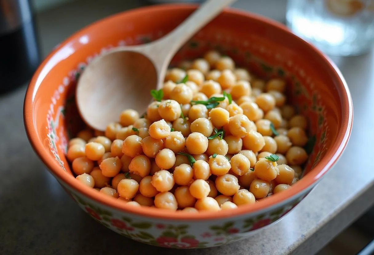 Chickpeas and tuna in a bowl for Ensalada de Garbanzos y AtĂșn preparation.