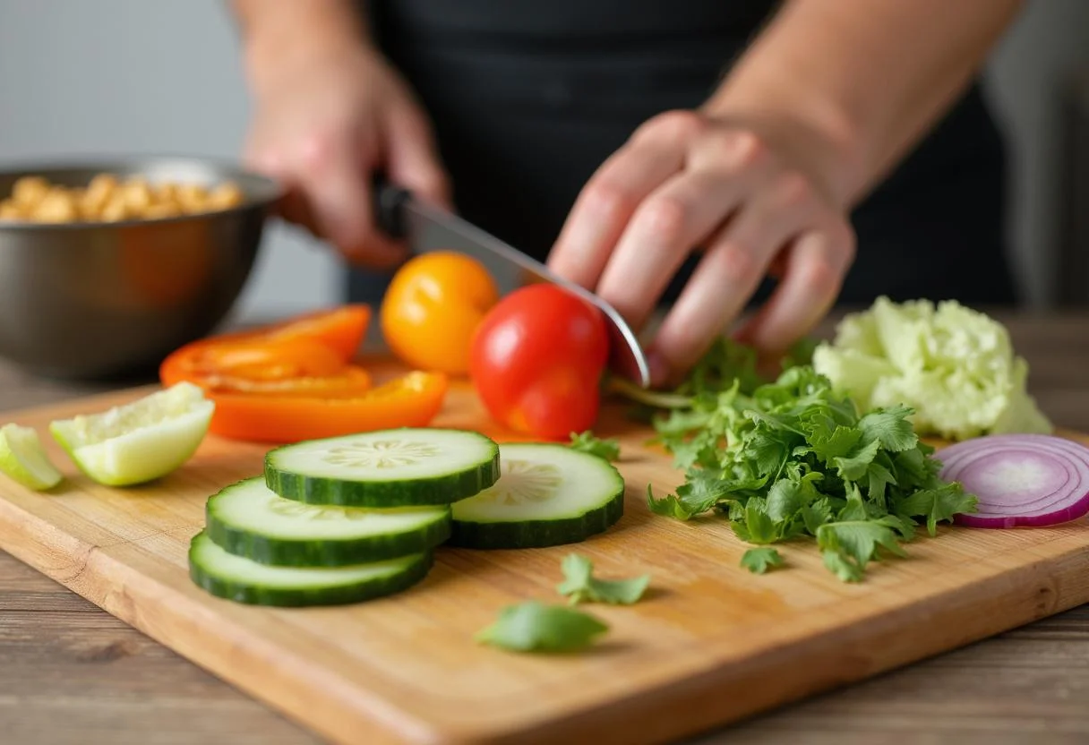Chopped fresh vegetables for Ensalada de Garbanzos y AtĂșn, enhancing flavor and freshness.