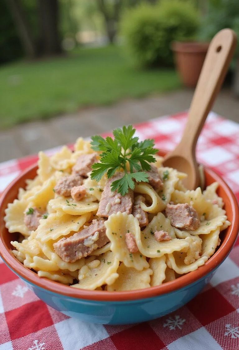 Ensalada de Pasta y Atún colorida y lista para servir en una mesa de picnic.