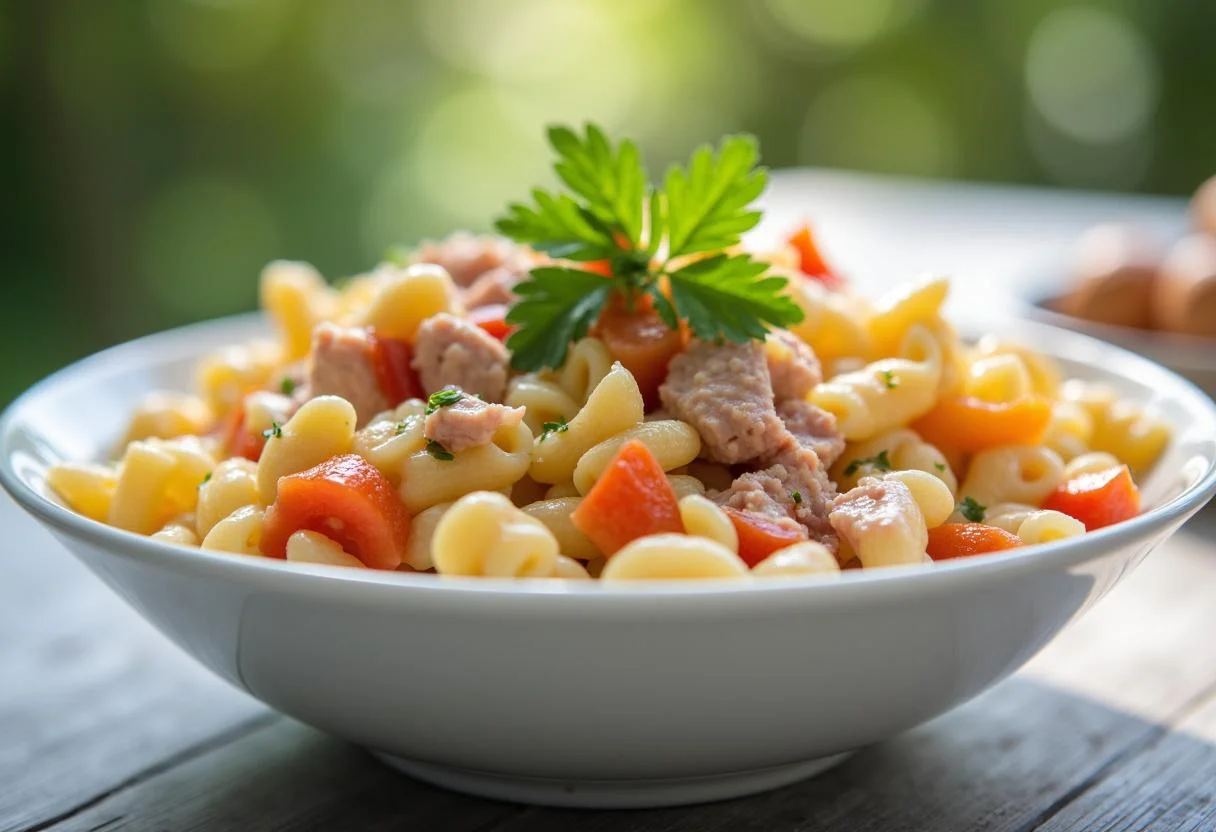 Ensalada de Pasta y Atún colorida y lista para servir en una mesa de picnic.