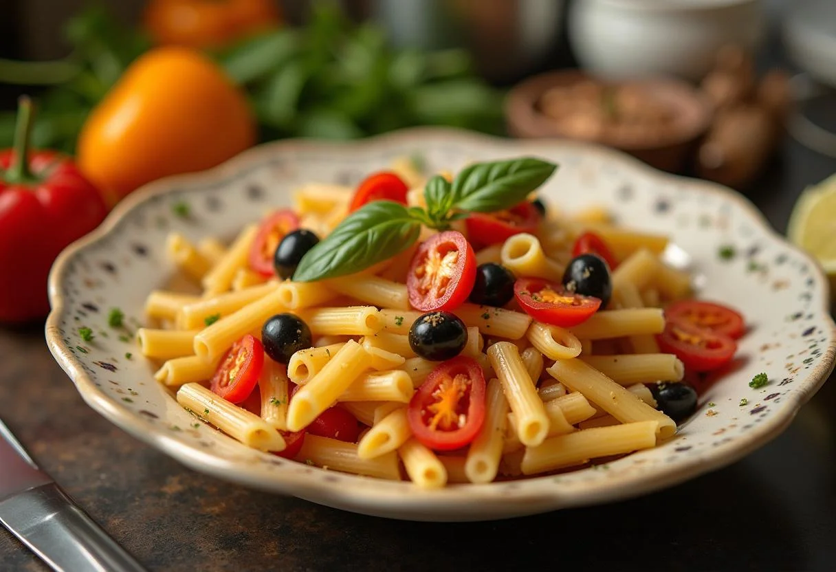 Ensalada de Pasta con atún y verduras frescas en un tazón grande.