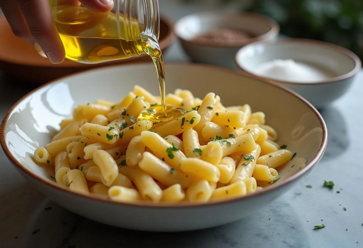Aceite de oliva vertido sobre la ensalada de pasta y atún para darle sabor.