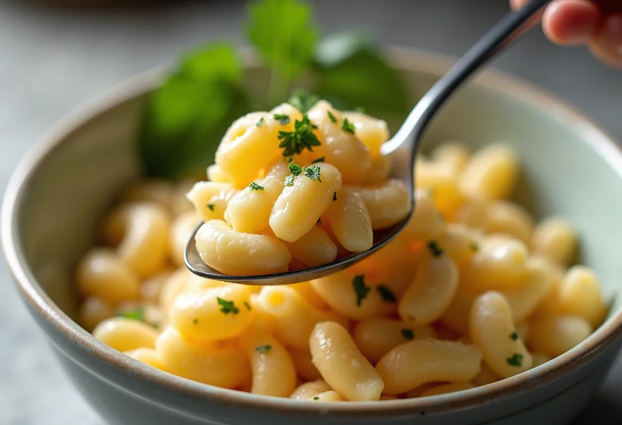 Mezcla de ensalada de pasta y atún con perejil fresco en la parte superior.