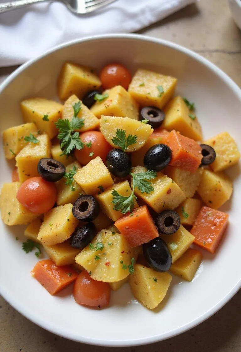 Porción de Ensalada de Patata Española decorada y lista para disfrutar.