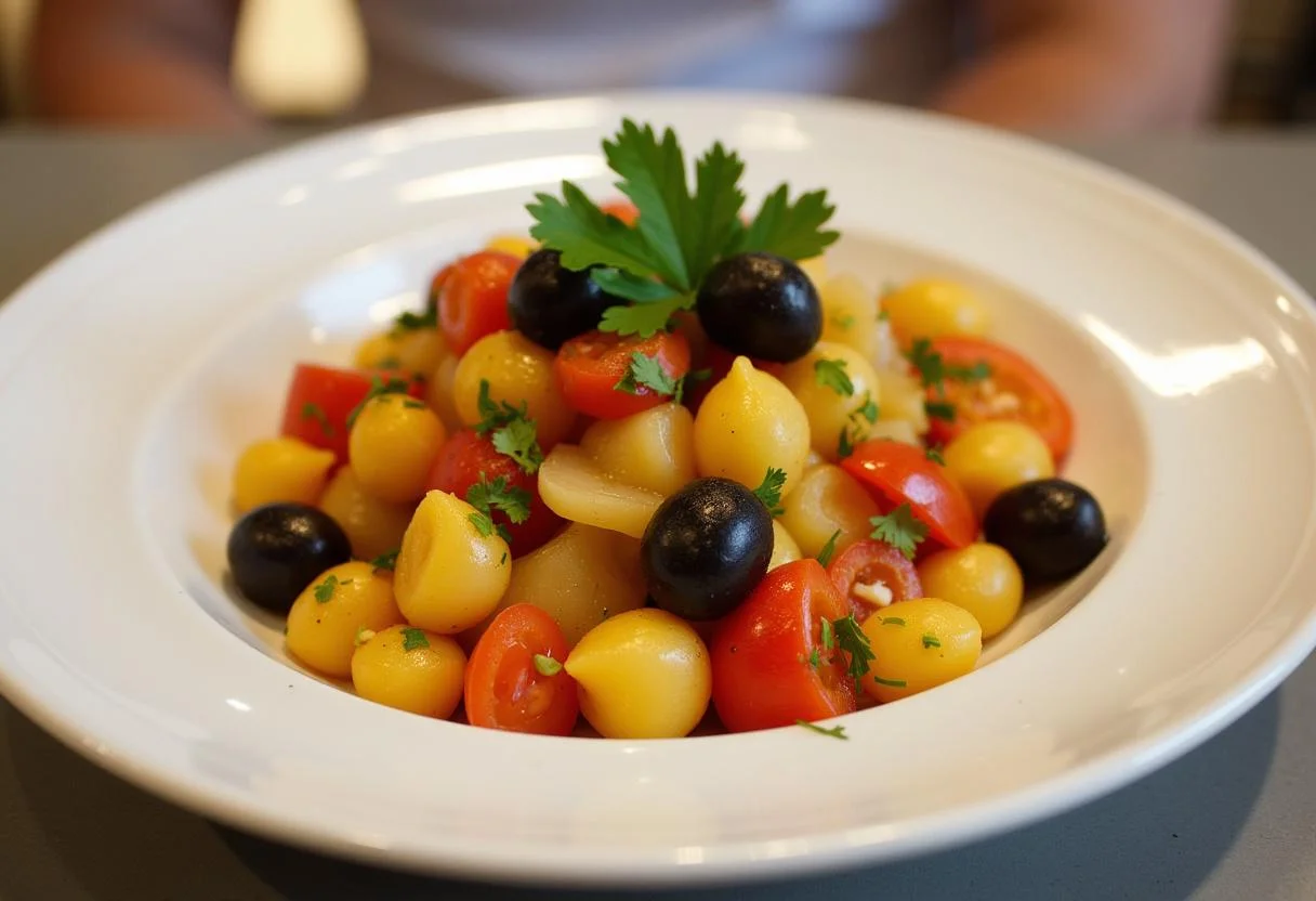 Porción de Ensalada de Patata Española decorada y lista para disfrutar.