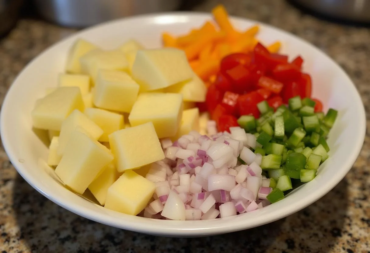 Ingredientes para Ensalada de Patata Española: papas, cebollas y pimientos picados.