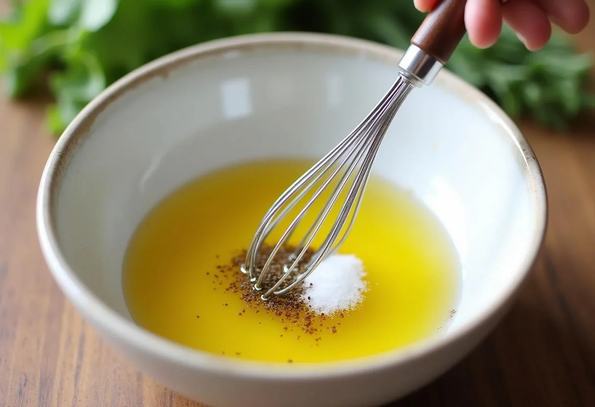 Mezcla de aceite de oliva y vinagre para aliñar la Ensalada de Patata Española.