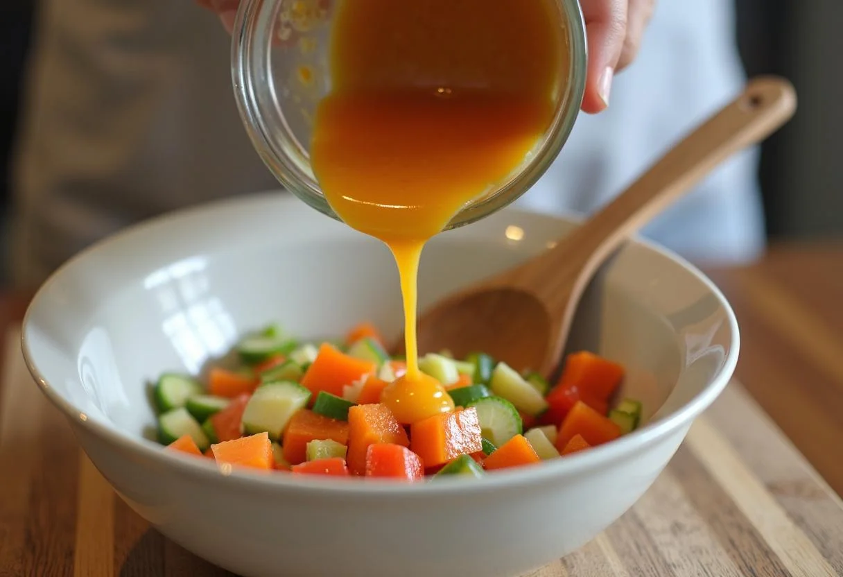 Verduras y aderezo combinados en la Ensalada de Patata Española.