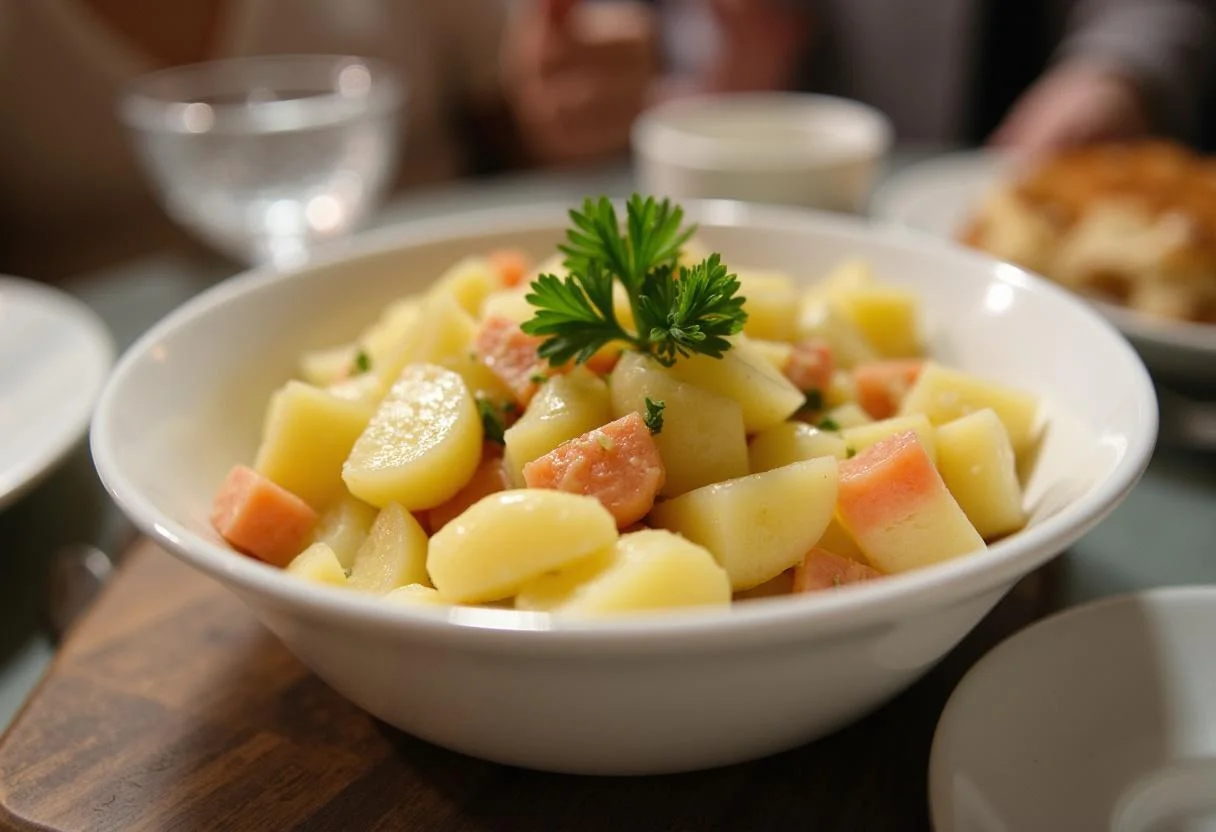 Ensalada de Patata Española lista para servir en la mesa.