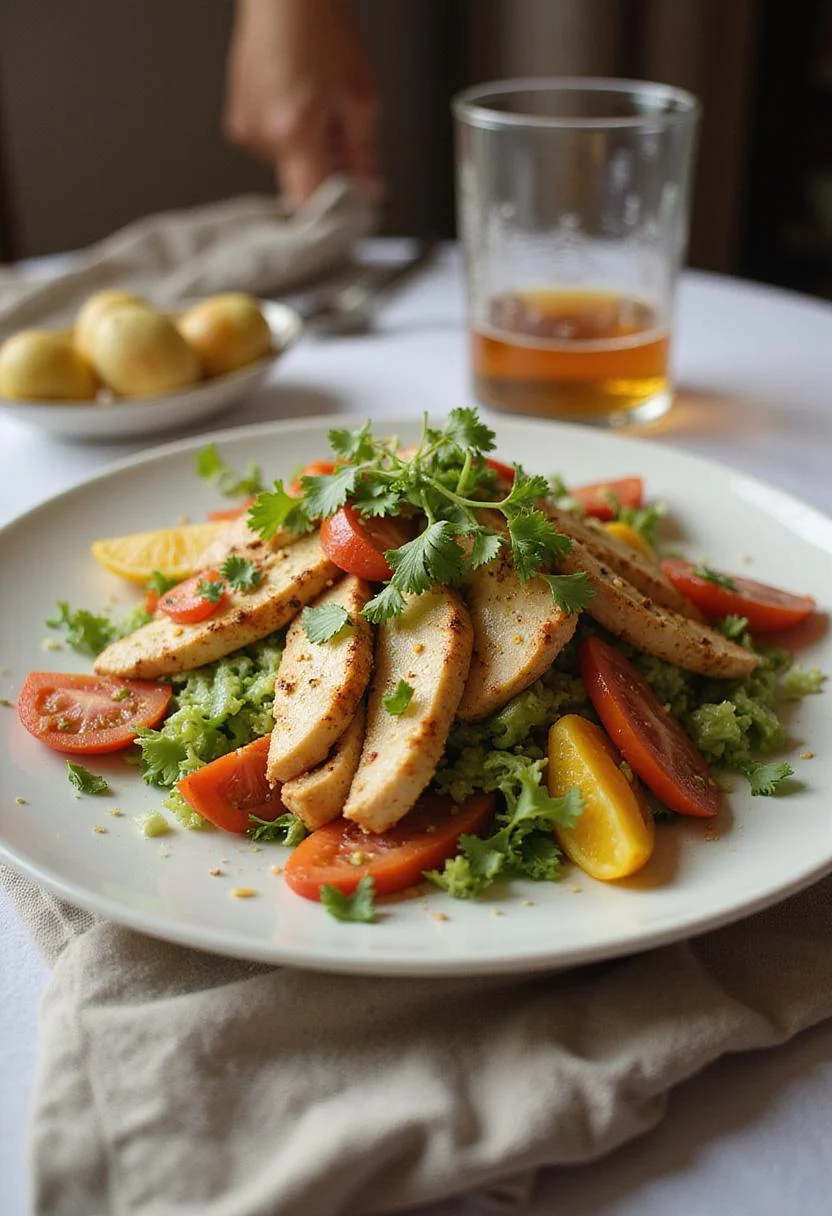 Ensalada de pollo española prête à être servie, avec des légumes colorés et une vinaigrette légère.