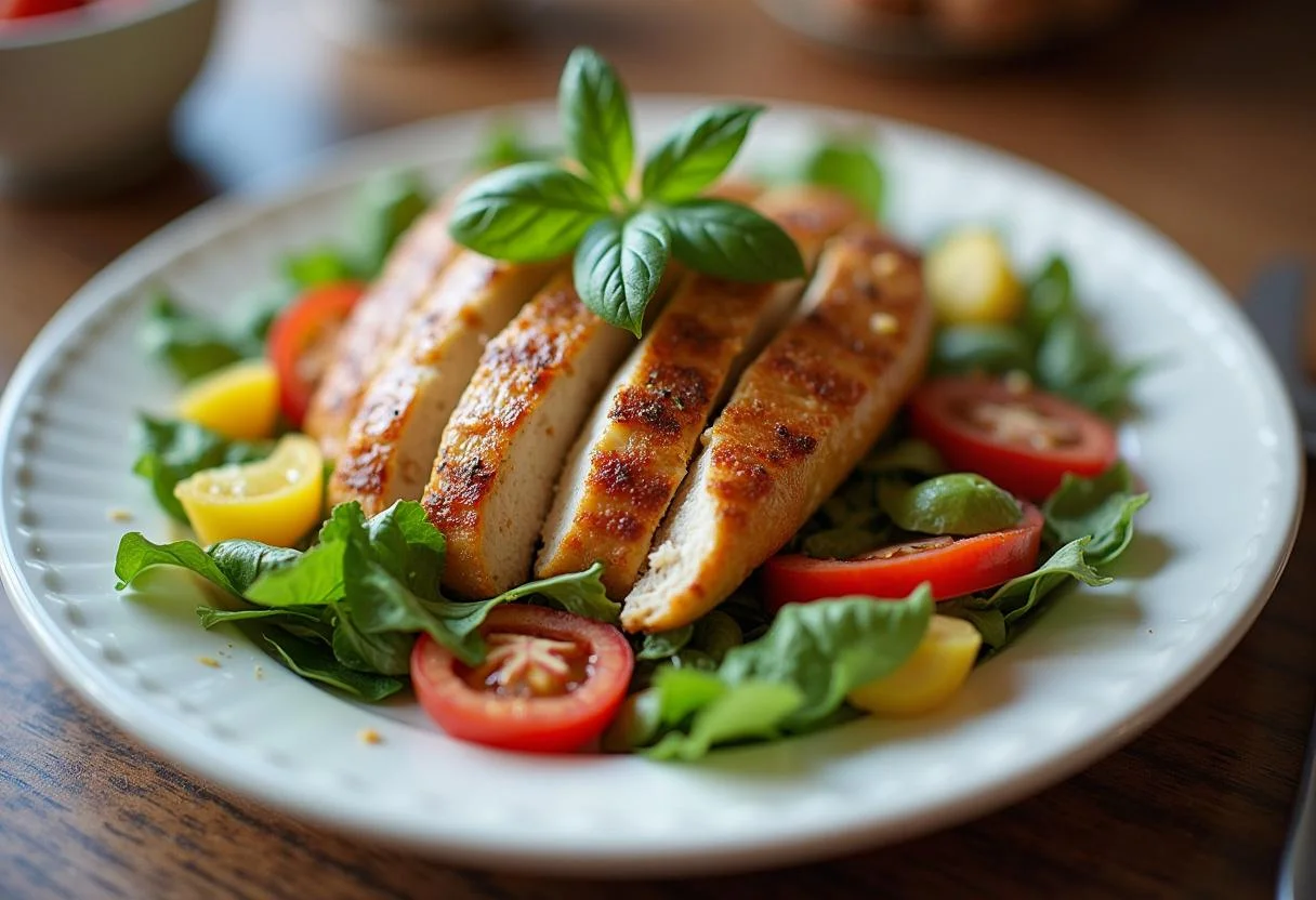 Ensalada de pollo española prête à être servie, avec des légumes colorés et une vinaigrette légère.