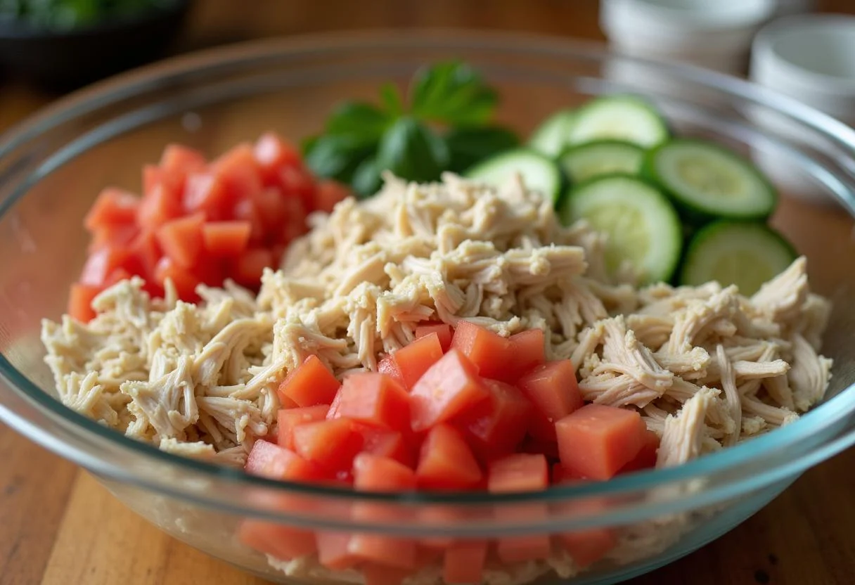 Ingrédients pour ensalada de pollo española dans un grand bol mélangeur.