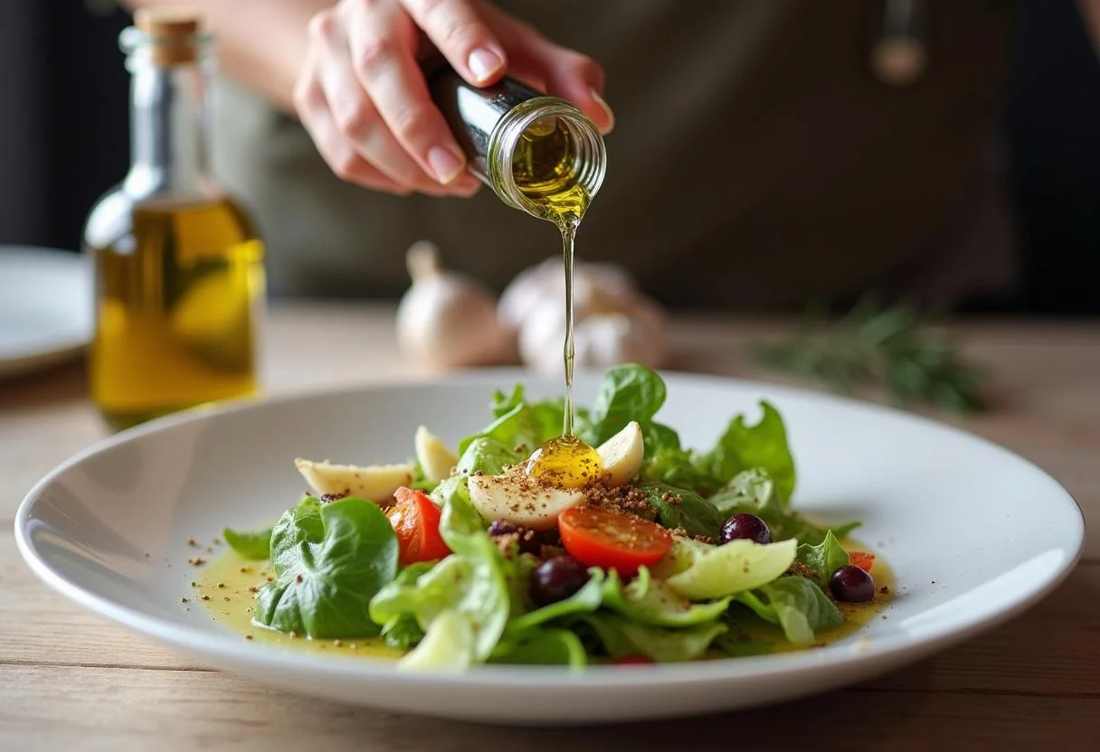 Ajout d'huile d'olive et de vinaigre à une ensalada de pollo española fraîche.