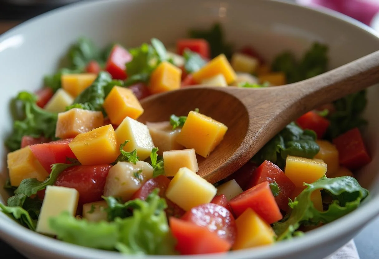 Mélange des ingrédients de l'ensalada de pollo pour une belle présentation.