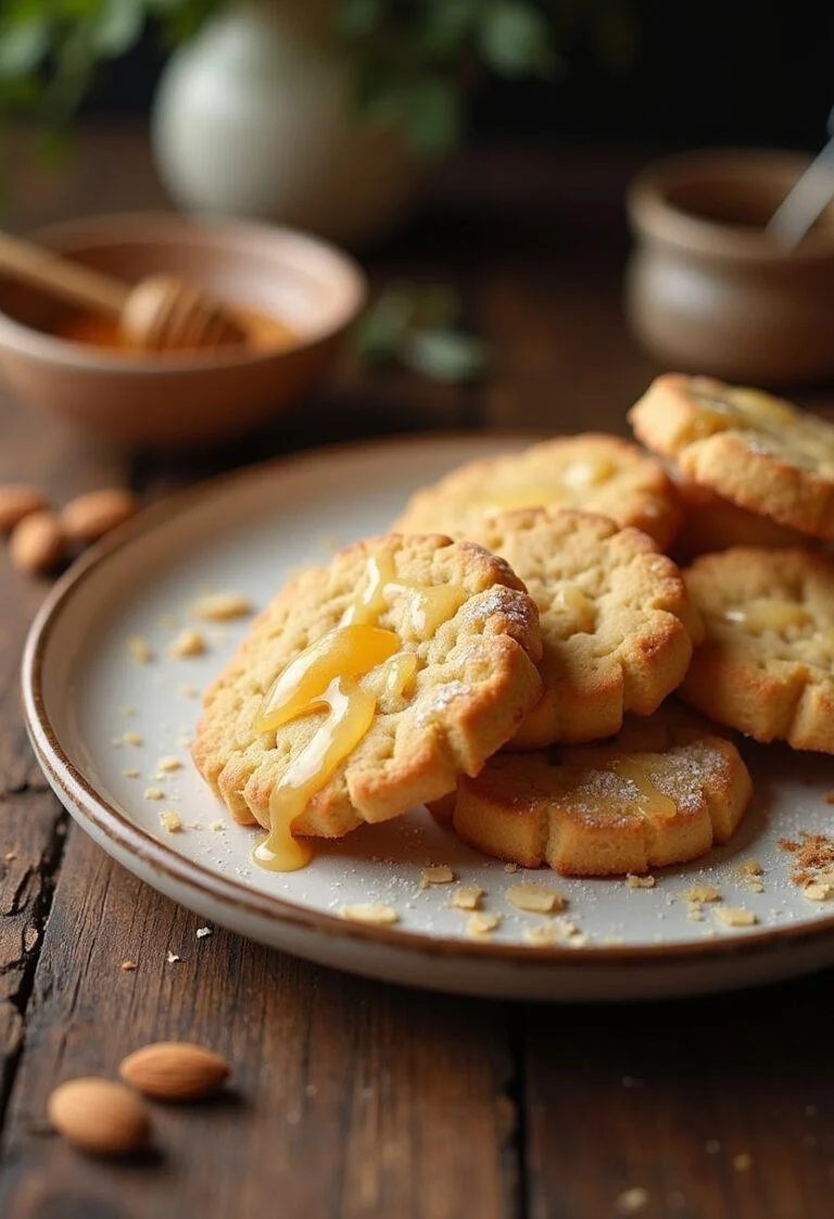 Galletas de almendra y miel recién horneadas, decoradas con miel y almendras, perfectas para disfrutar.