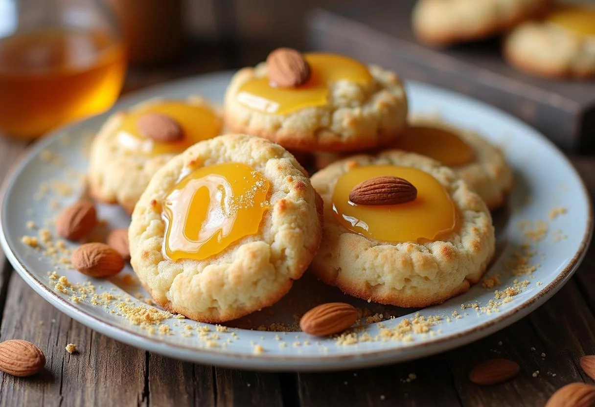 Galletas de almendra y miel recién horneadas, decoradas con miel y almendras, perfectas para disfrutar.