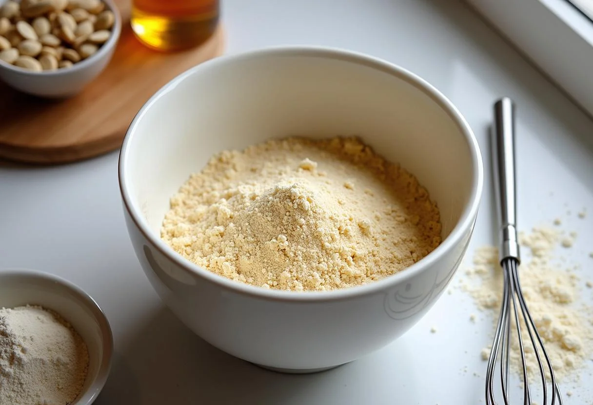 Ingredientes para galletas de almendra y miel en un tazón, listos para mezclar.