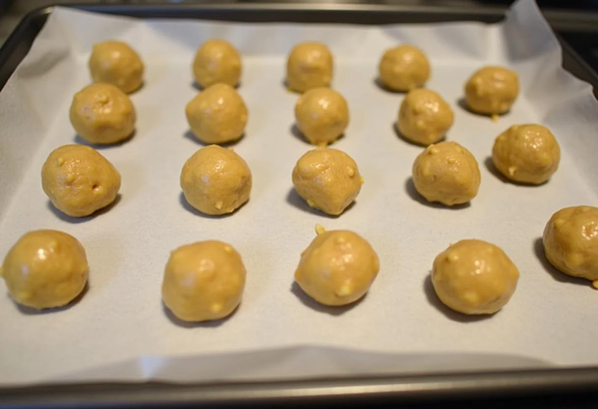 Bolitas de masa de galletas de almendra y miel sobre papel pergamino en una bandeja de hornear.