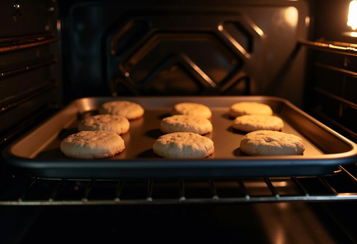 Bandeja con galletas de almendra y miel introducida en el horno precalentado.