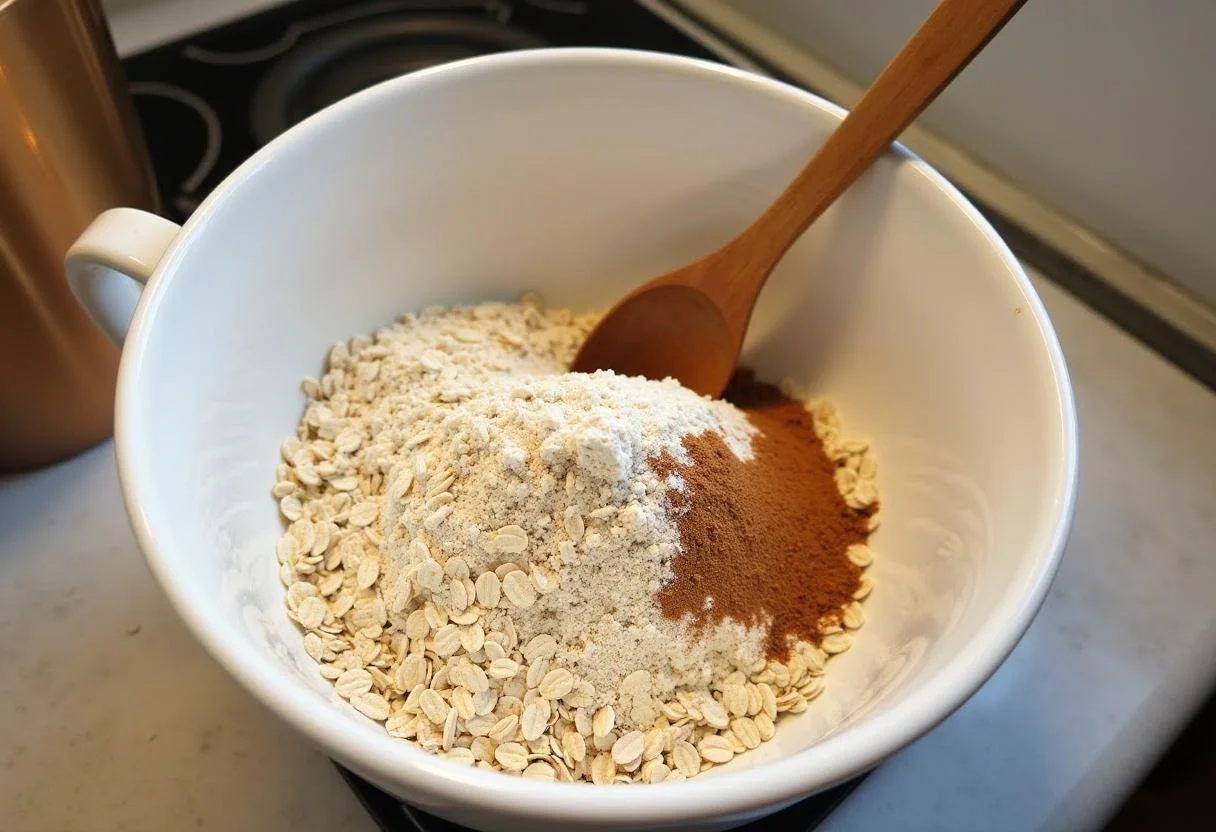 Ingredients for Galletas de Avena y Pasas ready for mixing, including oats and flour.
