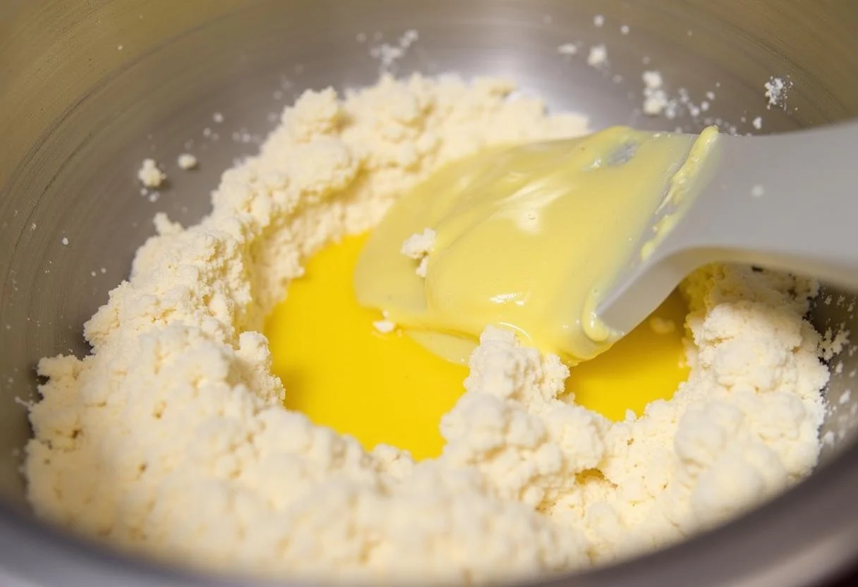Melted butter being combined with dry ingredients for Galletas de Avena y Pasas cookie dough.