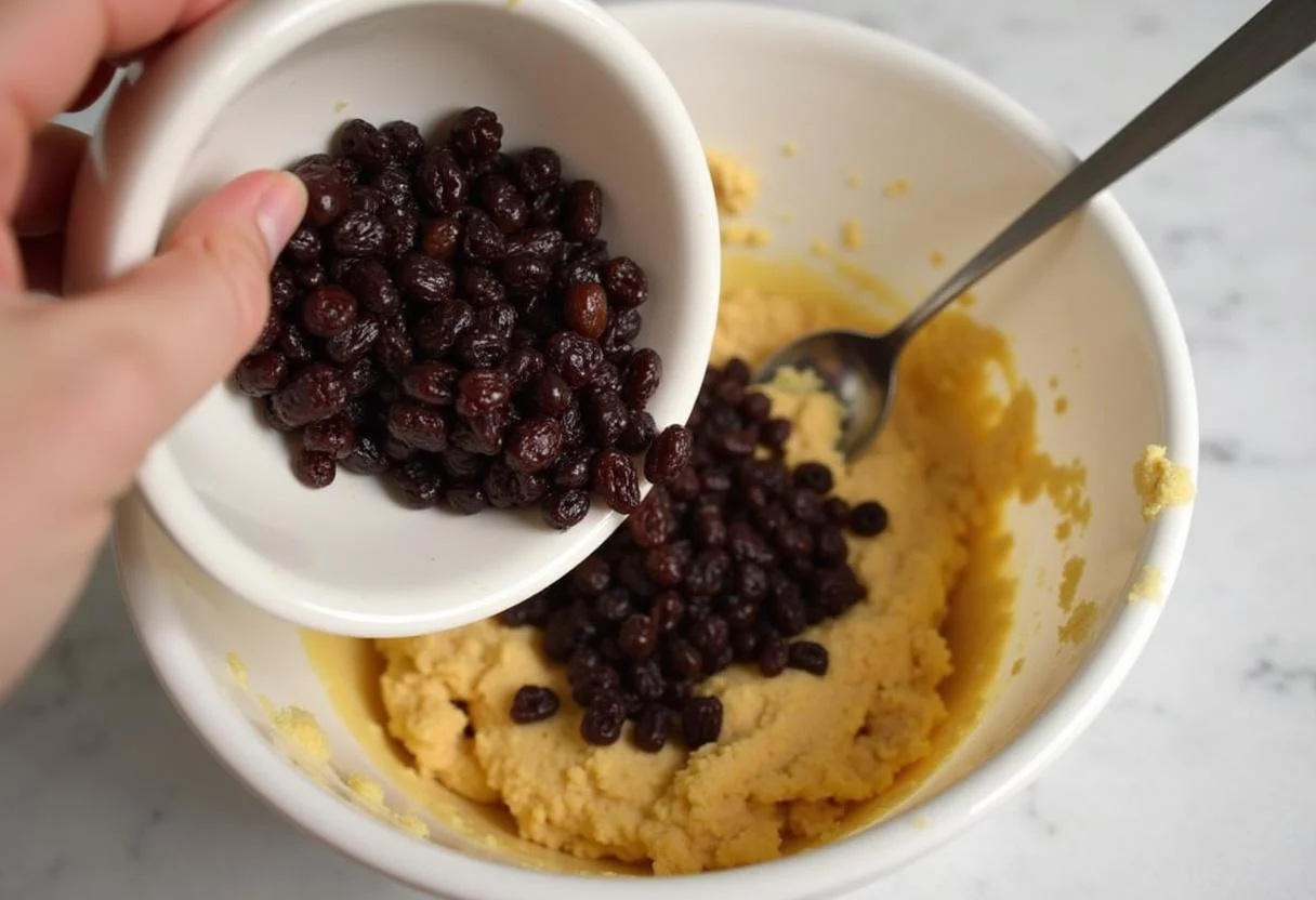 Raisins being added to cookie dough for making Galletas de Avena y Pasas.