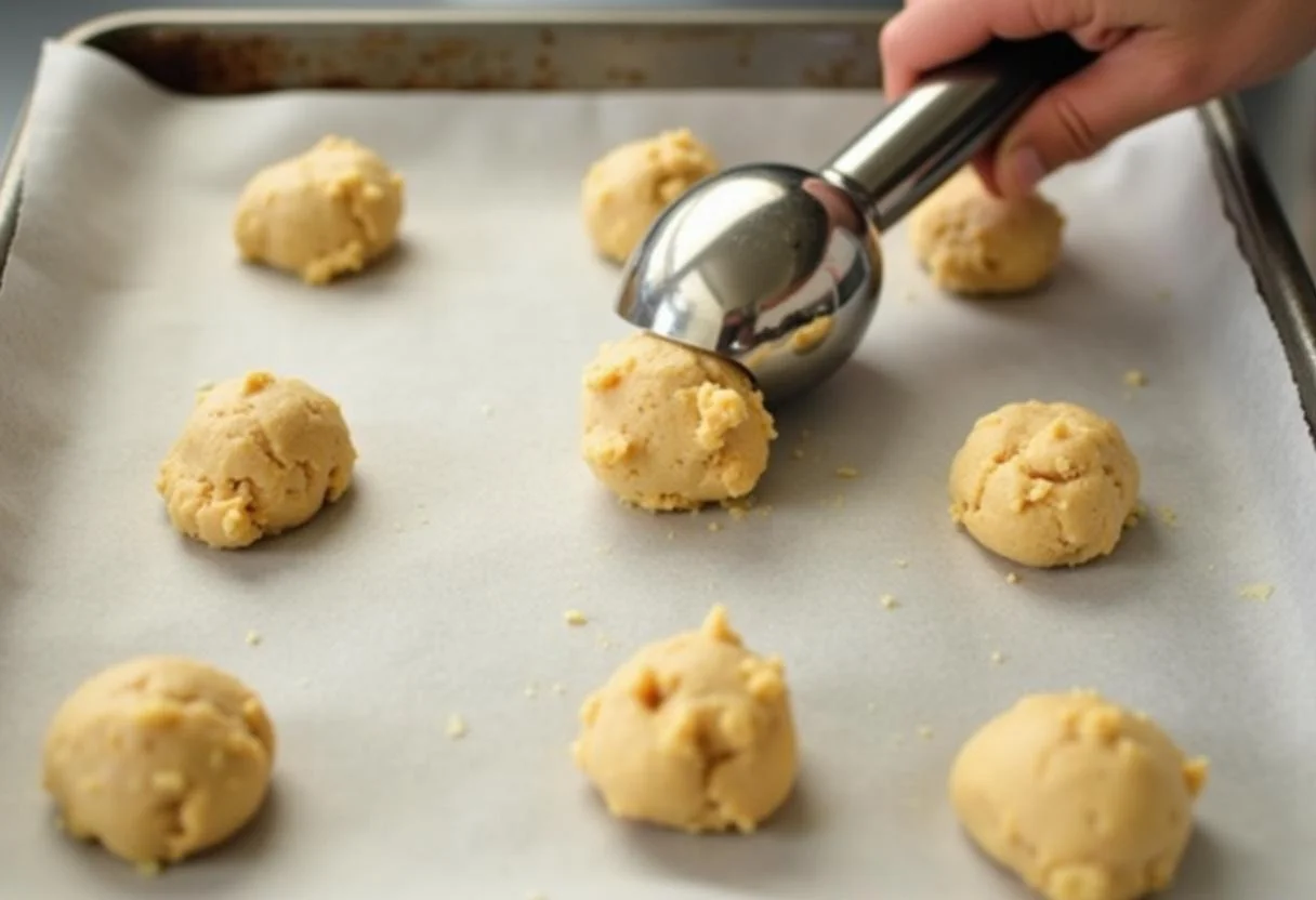 Cookie dough balls placed on a baking tray, ready to be baked for Galletas de Avena y Pasas.