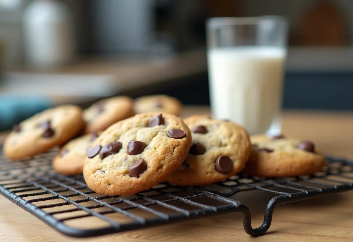 Galletas de chocolate caseras recién horneadas en una rejilla, listas para disfrutar.