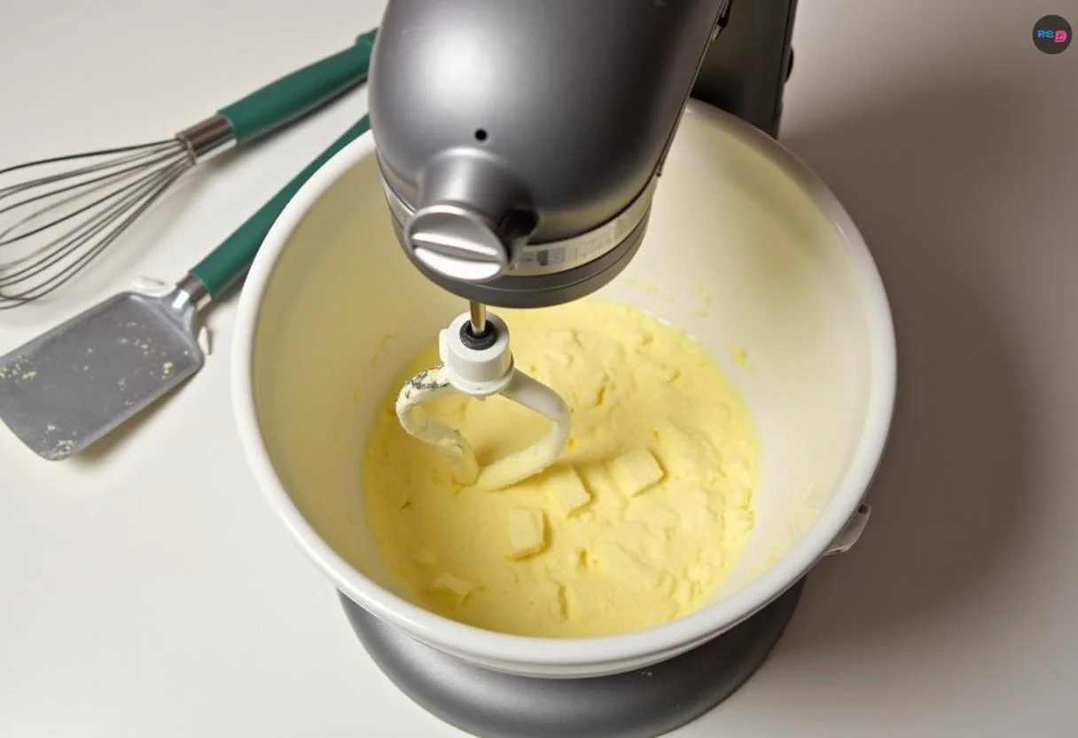 Mezclando mantequilla y azúcar para galletas de chocolate caseras con una batidora eléctrica.