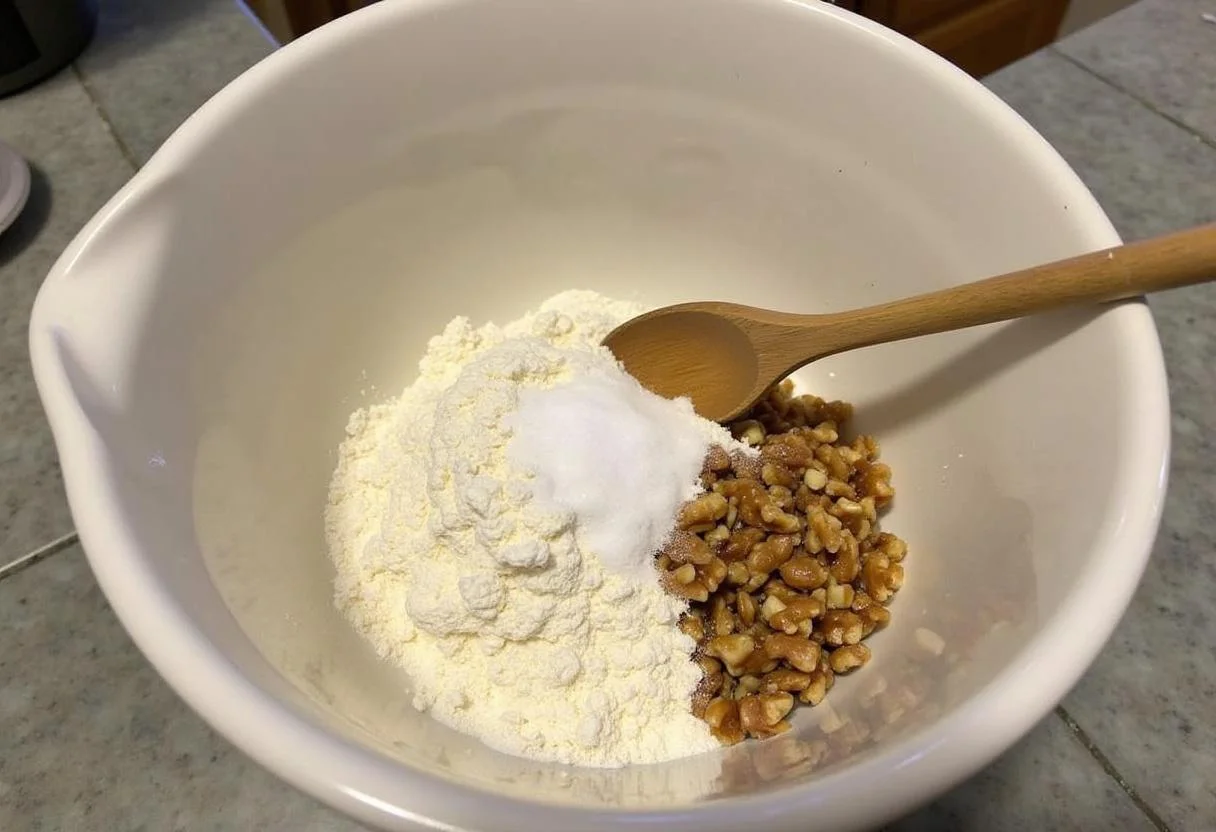 Ingredientes para galletas de nuez caseras en un tazón de mezcla.