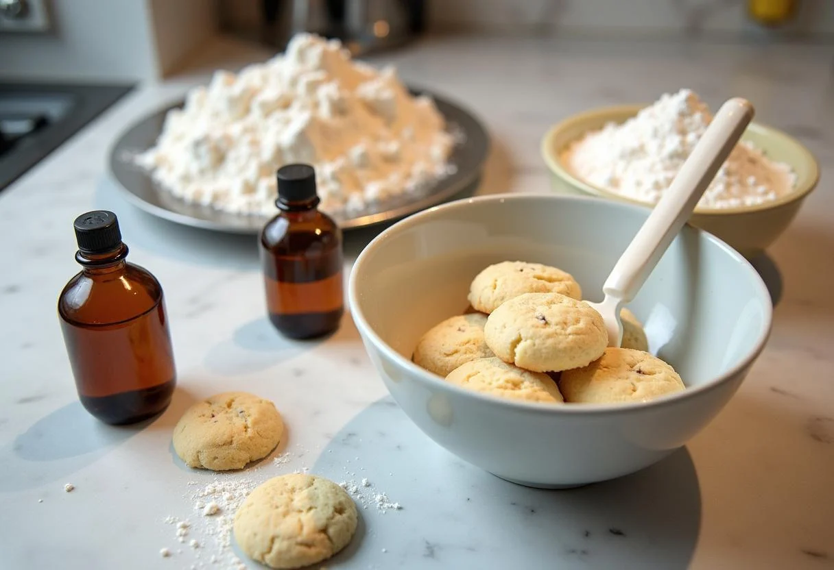 Ingredientes para galletas de vainilla caseras sobre la encimera de la cocina.