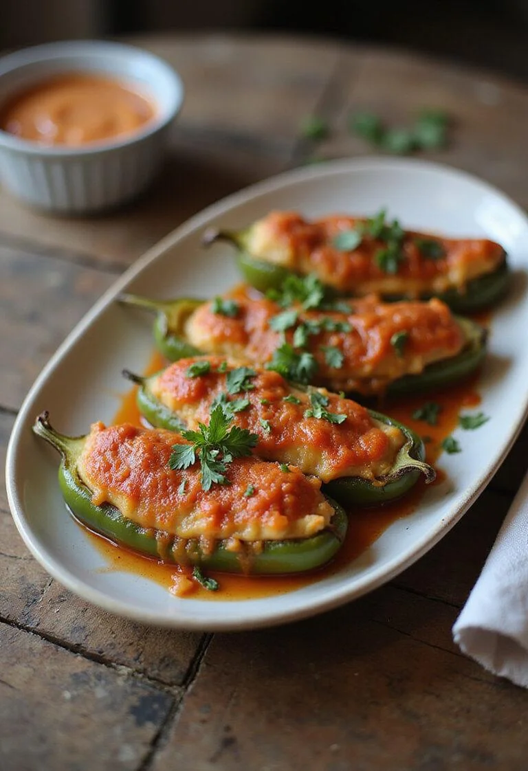 Pimientos Rellenos de Bacalao terminados, listos para servir en una mesa rústica.