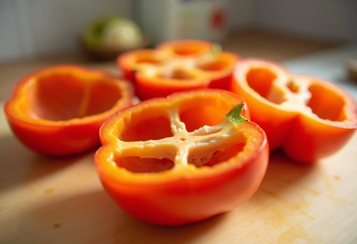 Preparación de pimientos para rellenar con bacalao en la receta de Pimientos Rellenos de Bacalao.