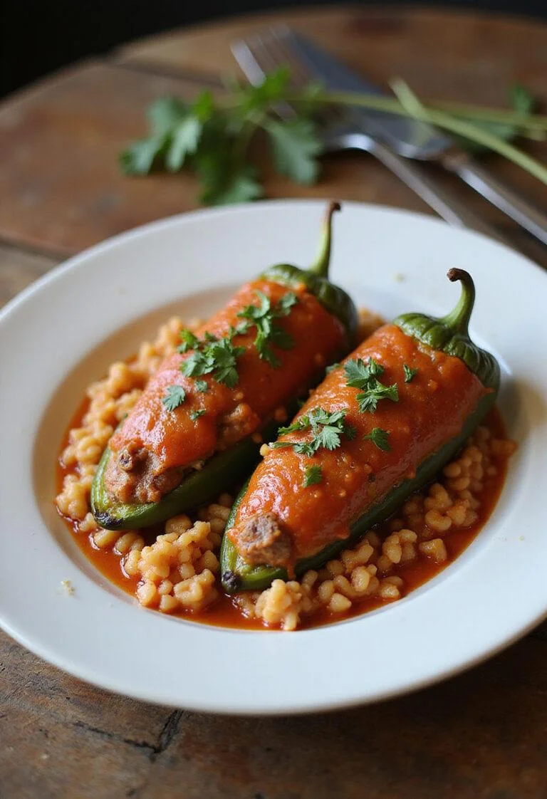 Pimientos Rellenos de Carne y Arroz recién horneados, perfectos para una comida deliciosa.