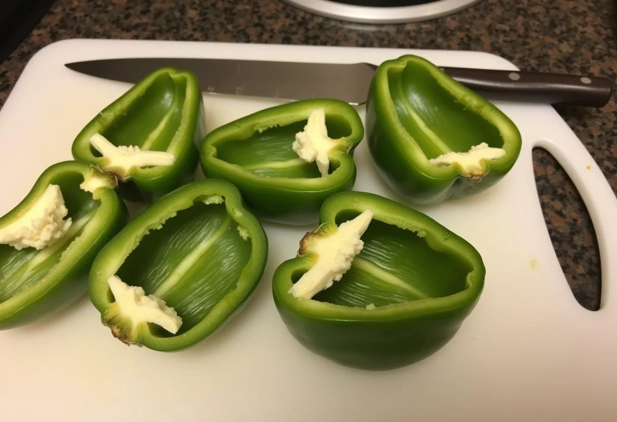 Pimientos verdes partidos por la mitad y listos para rellenar en la receta de Pimientos Rellenos de Carne y Arroz.